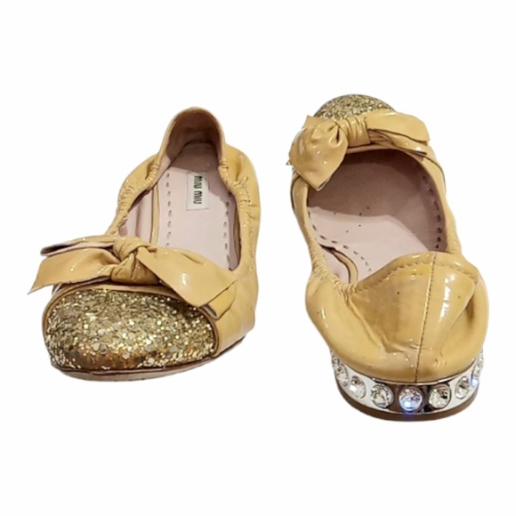 Miu Miu Bow Ballet Flats Nude Patent Leather Gold Glitter Cap Toe EU 40 US 9 - Picture 8 of 14